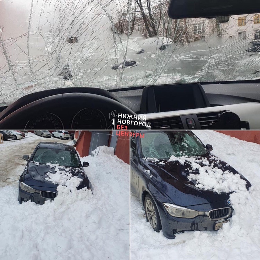 Машина пострадала из-за падения снега с крыши в центре Нижнего Новгорода - фото 1